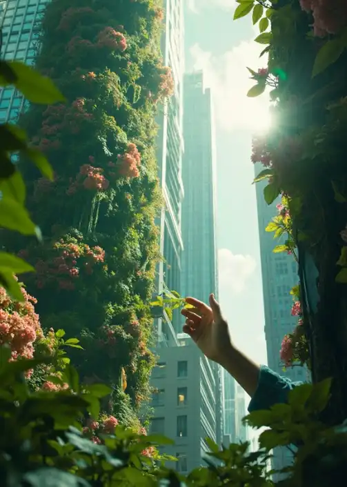 柔らかい自然光を浴びながら、緑の草木に手を伸ばす様子